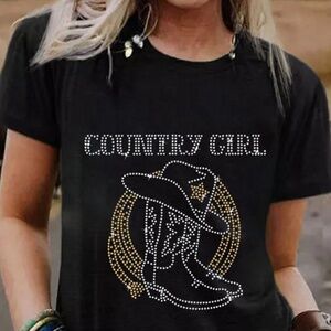 SHEWIN WOMEN BLACK W/ SILVER & GOLD RHINESTONES GRAPHIC T-SHIRT